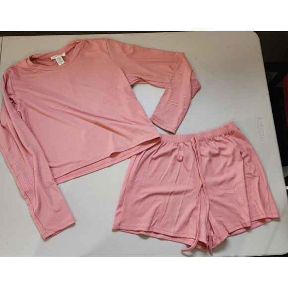 Capella Sleep Set Womens Small Pink Long Sleeve Top & Shorts Ribbed Knit Stretch - Picture 2 of 11